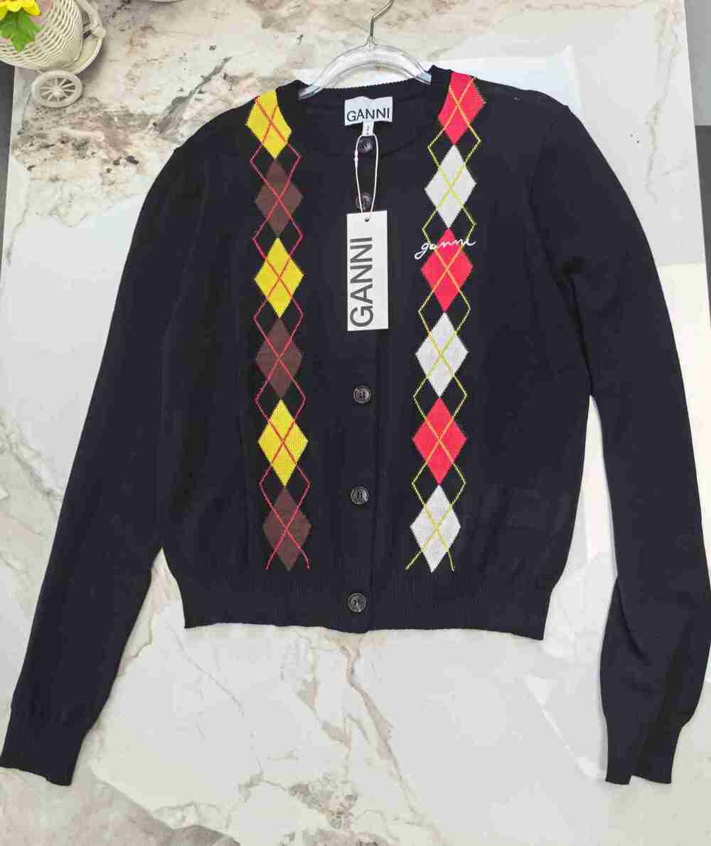 GANNI Black Colorful Argyle Long Sleeve Cropped Knit Cardigan
